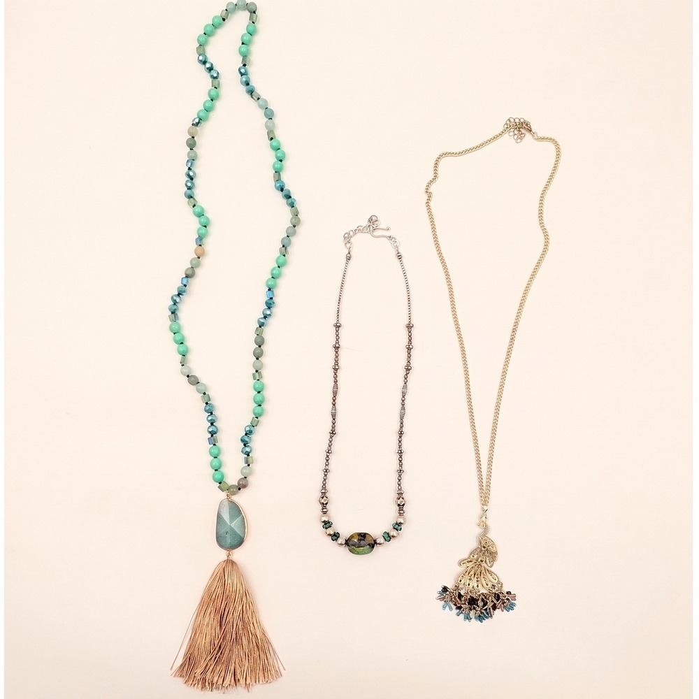 Boho Statement Necklace Lot Set of 3 Turquoise Color Bead Tassel Peacock Pendant